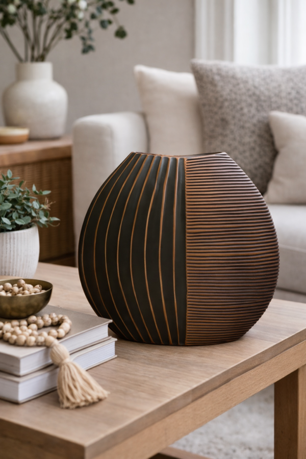 Elegant ceramic vase on wooden table