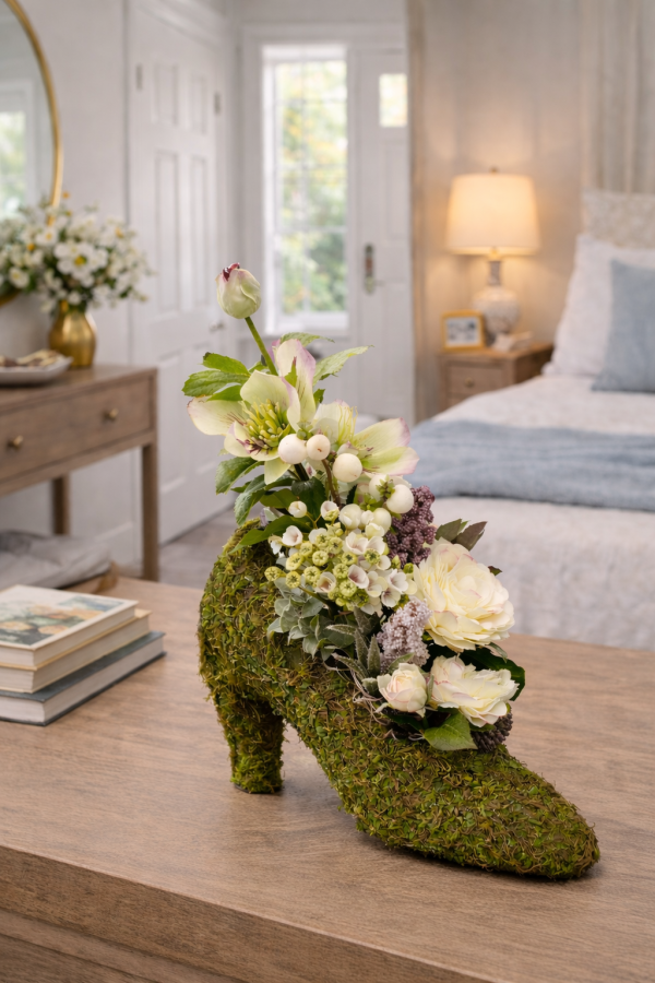 Moss-covered shoe with floral accents