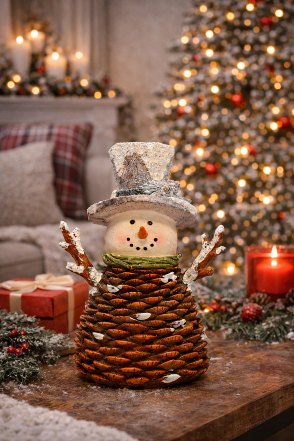 Pinecone snowman in festive decor