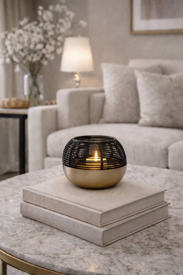 Tealight glow on stacked books
