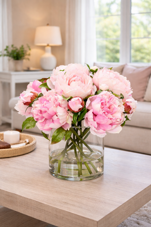 Bouquet de pivoines roses en vase