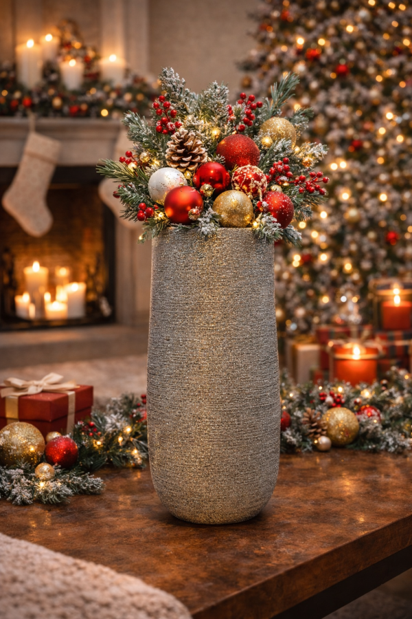 Festive holiday arrangement with silver vase