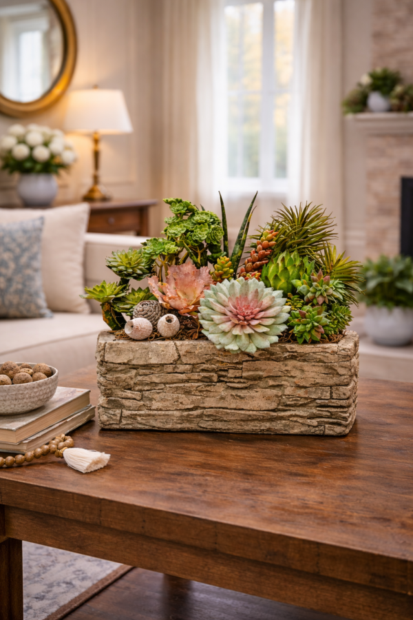 Rustic living room with succulents