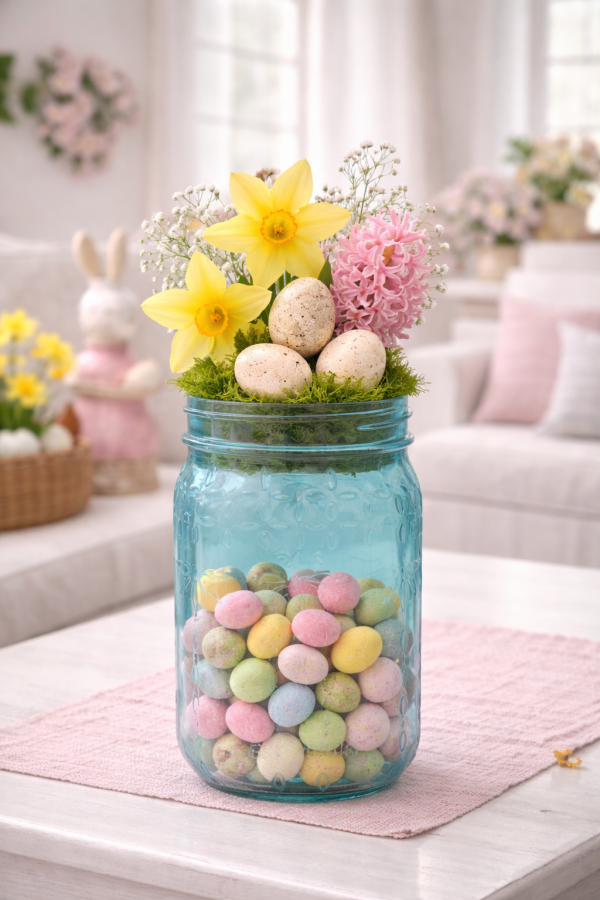Spring centerpiece in a turquoise jar