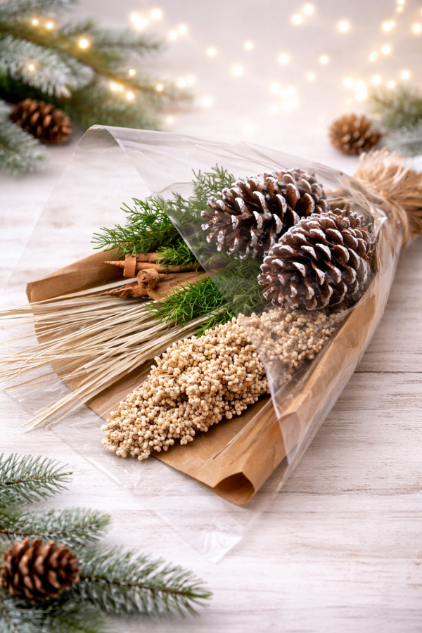 Rustic holiday bouquet on wooden surface