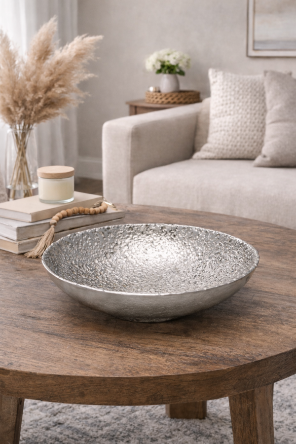 Textured silver bowl on rustic table