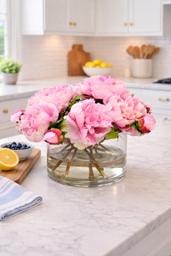 Bouquet of pink peonies on marble countertop