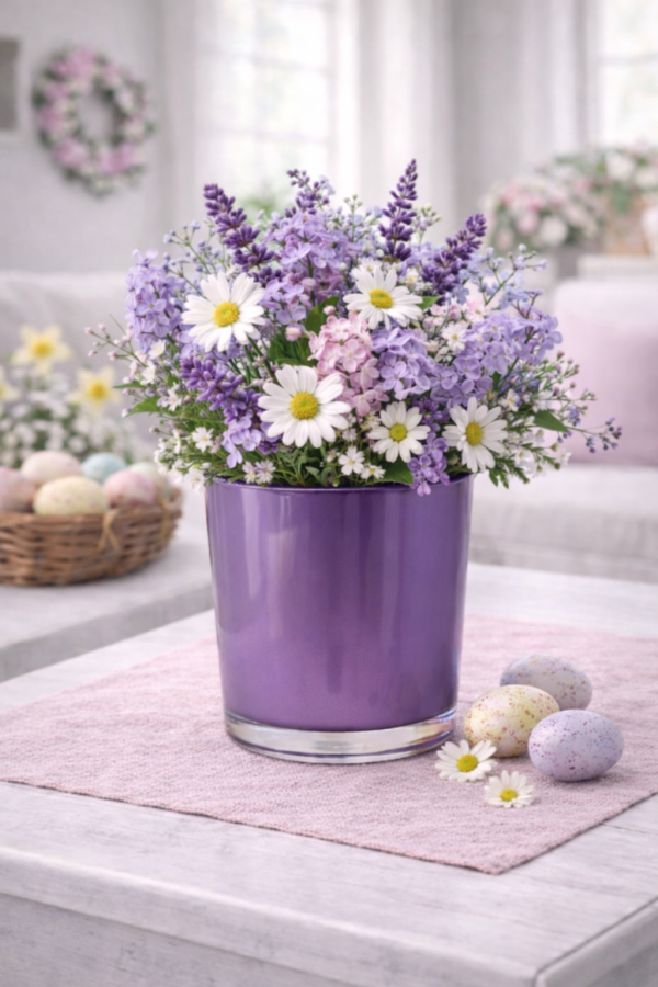 Pastel spring blooms and speckled eggs