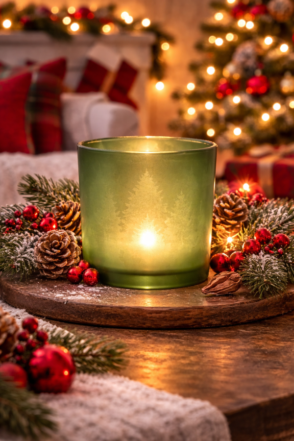 Chandelle festive sur plateau en bois