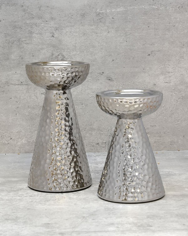 Hammered Ceramic Cone Candle Holder 7.5" Silver Finish