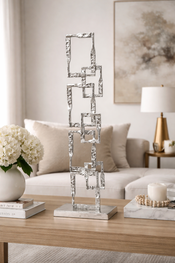 Modern living room with silver sculpture