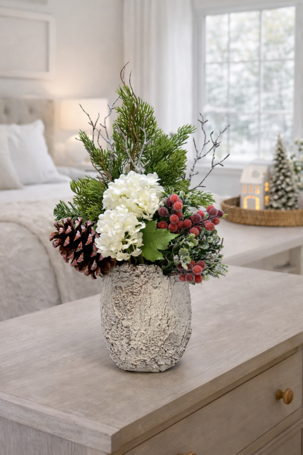 Hiver fleuri sur la commode en bois