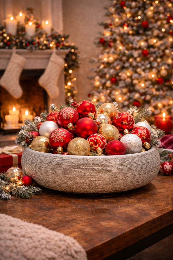 Festive Christmas ornaments on rustic table