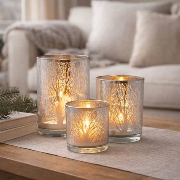 Soft candlelight on a rustic table