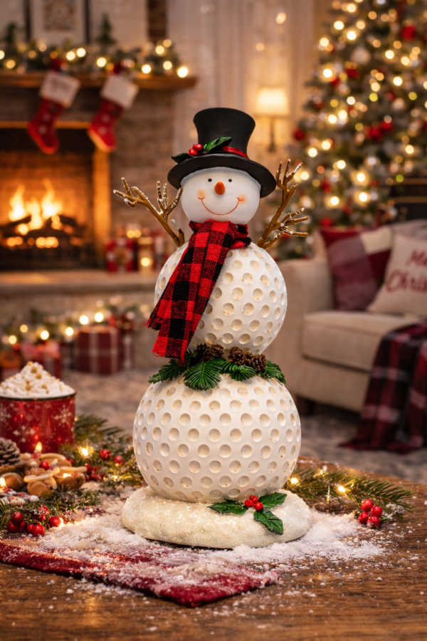 Golf-themed snowman by the fireplace