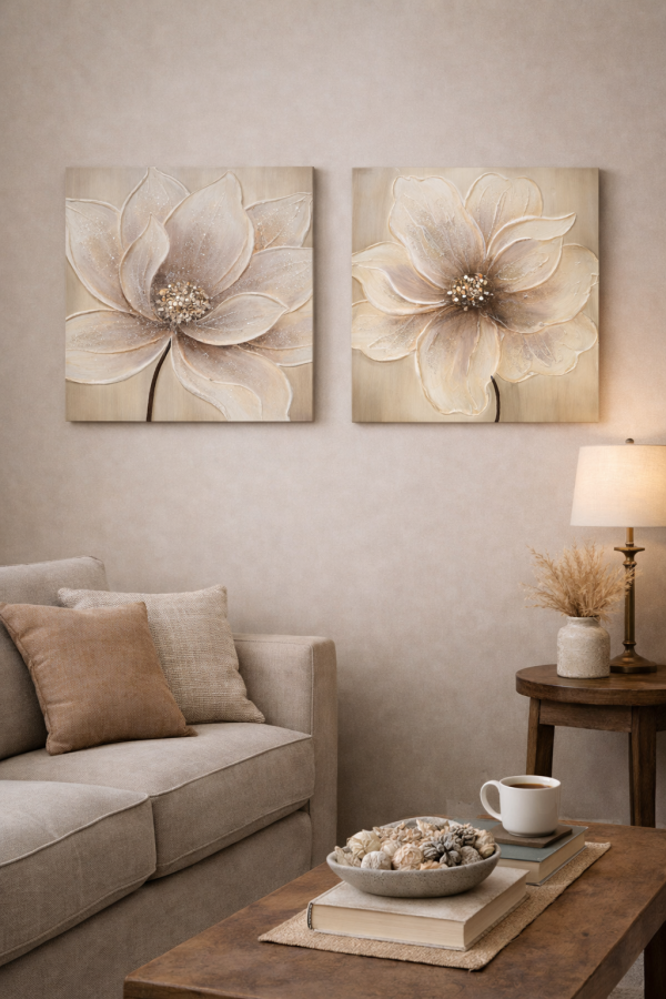 Textured floral paintings in serene living room