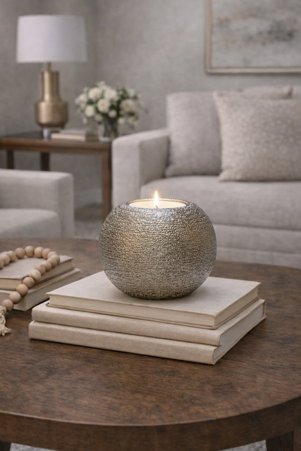 Textured silver candle holder glow
