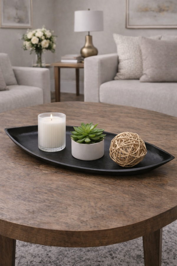 Decorative tray arrangement in living room