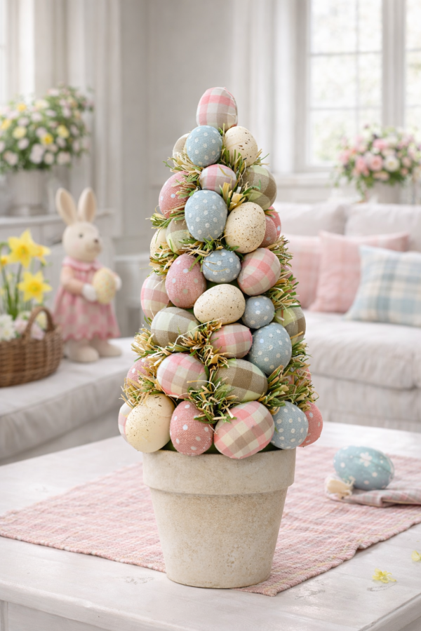 Pastel Easter eggs in spring setting