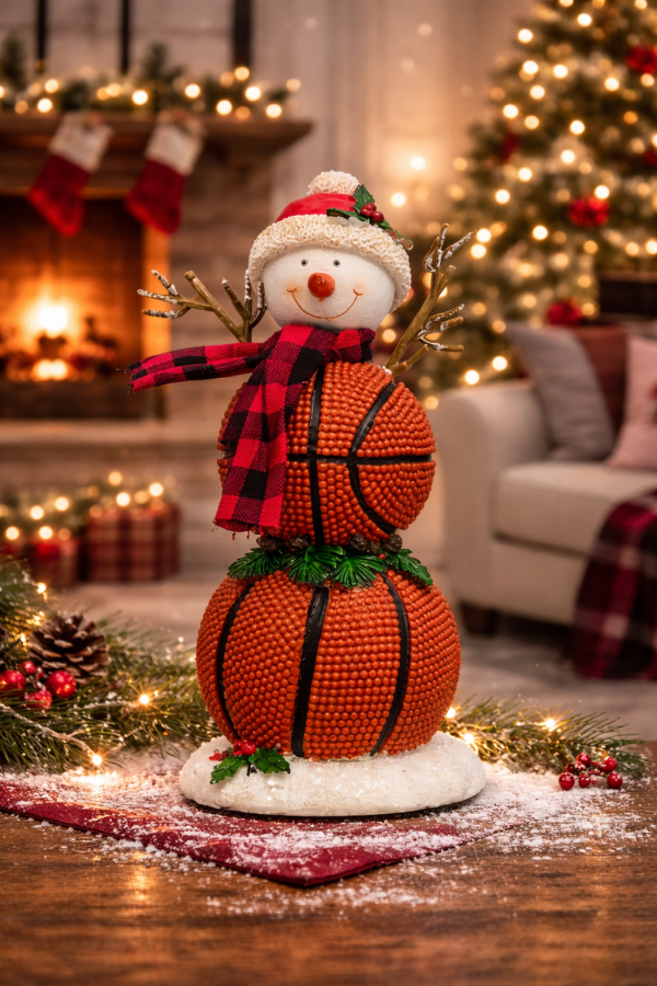 Festive basketball snowman with decorations
