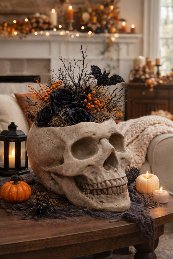 Halloween skull planter centerpiece with pumpkins