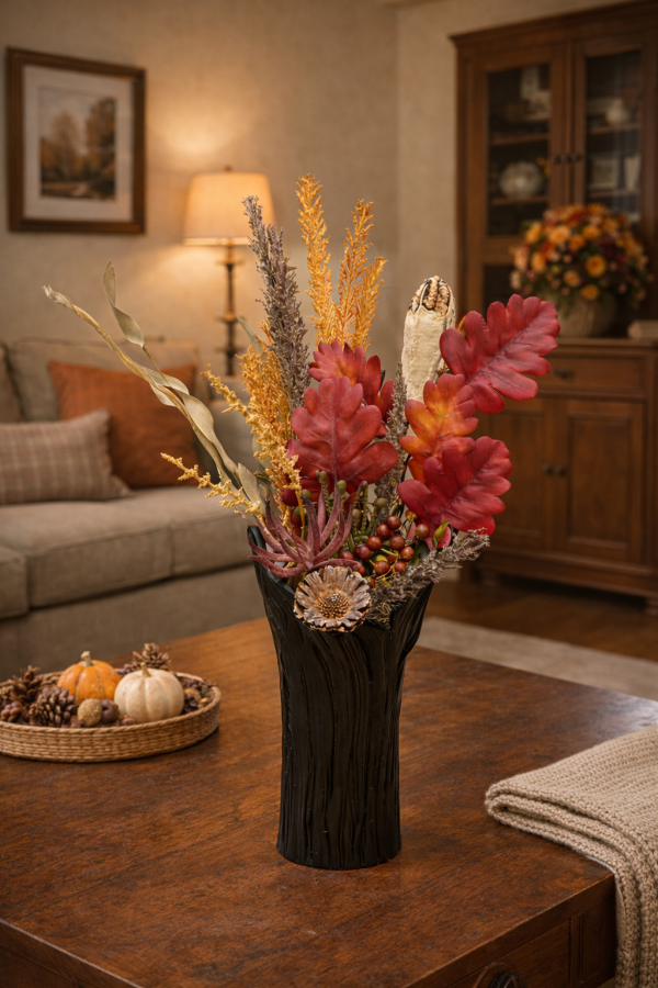 Dried floral arrangement on rustic table