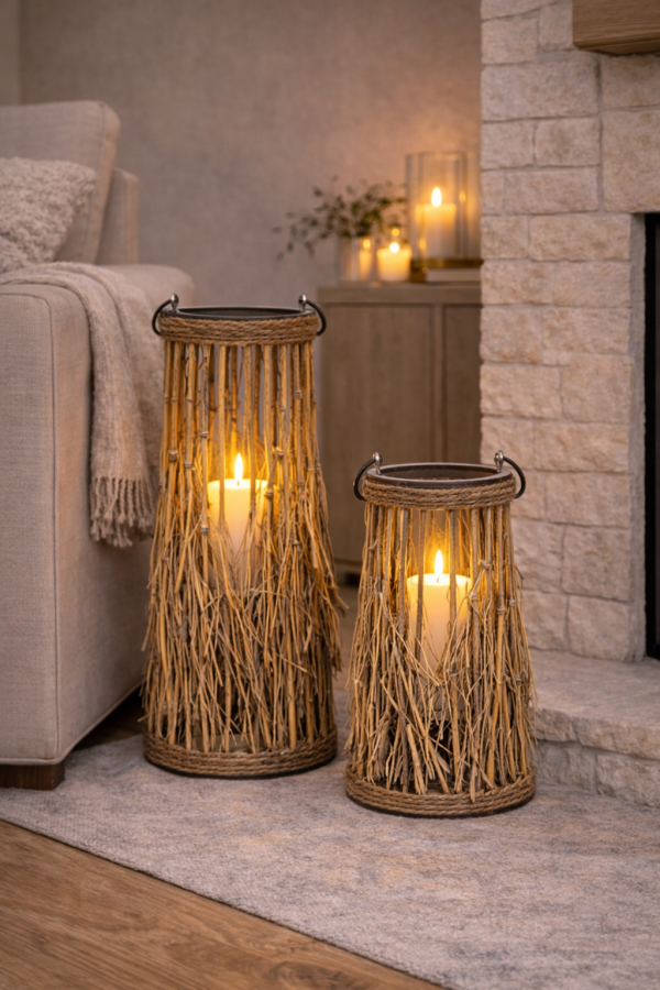 Rustic lanterns glowing by the sofa
