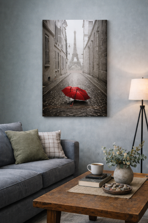Parisian street with red umbrella