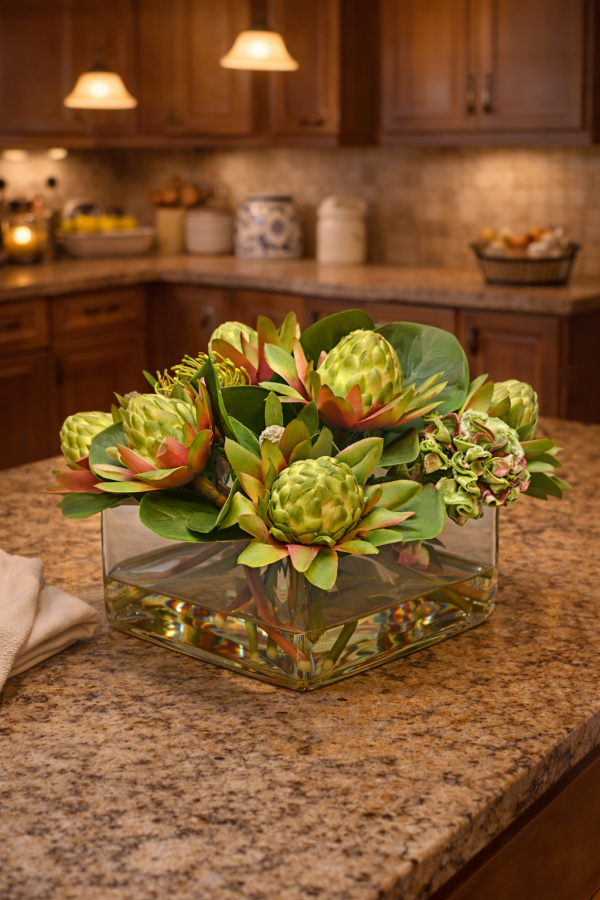 Succulent display on kitchen countertop