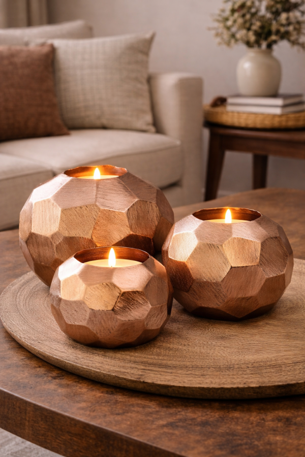 Warm candlelight on a wooden table