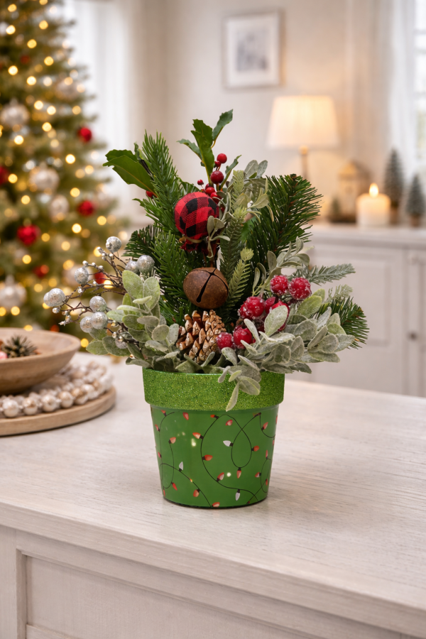 Festive holiday arrangement on console table