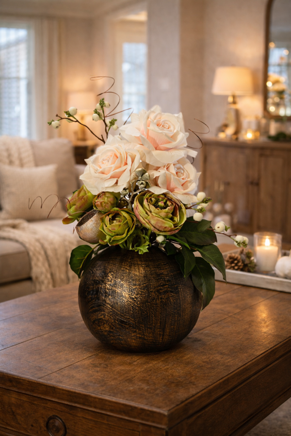 Rustic floral arrangement on coffee table