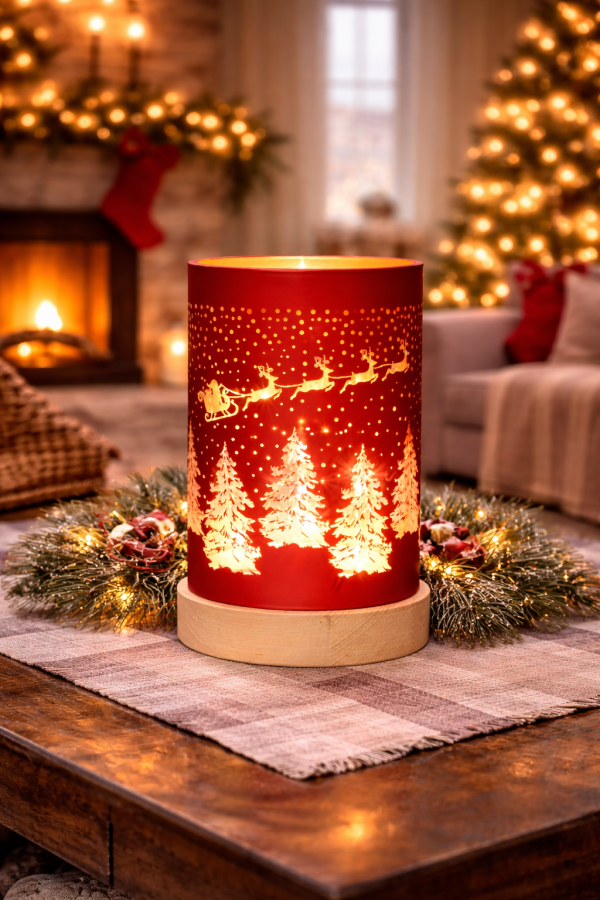 Festive red lantern on rustic table