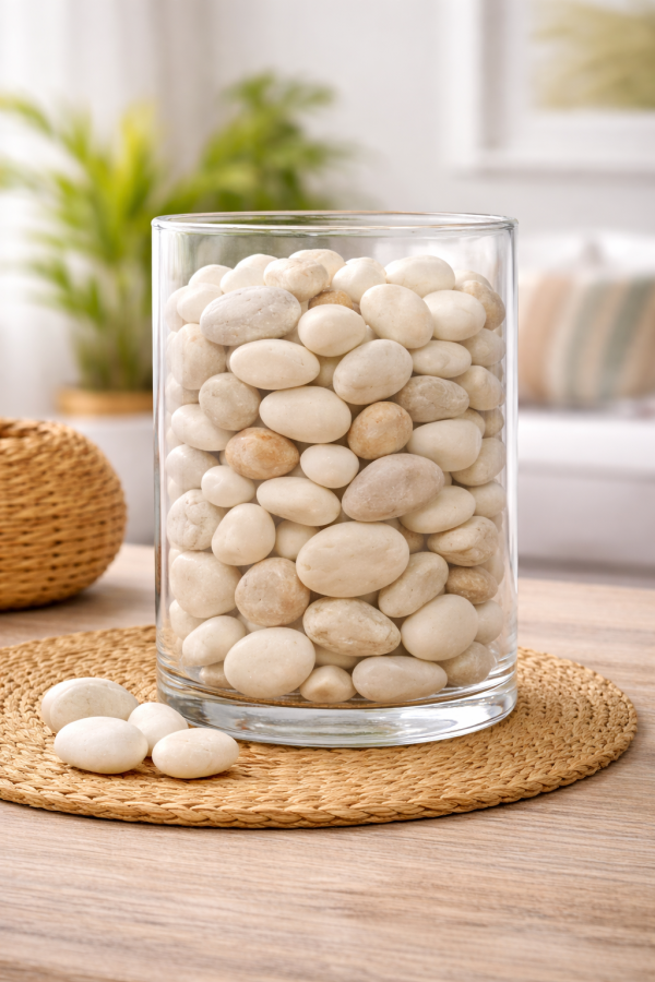 Vase with pebbles on woven placemat