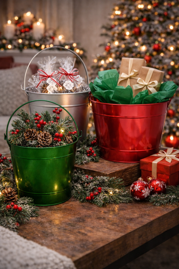 Festive holiday buckets and ornaments