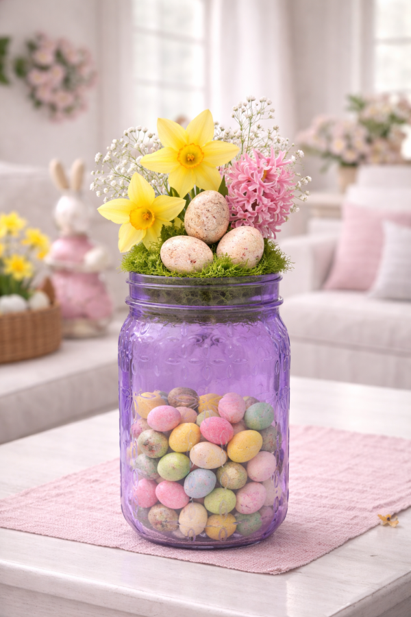 Lavender jar with spring flowers
