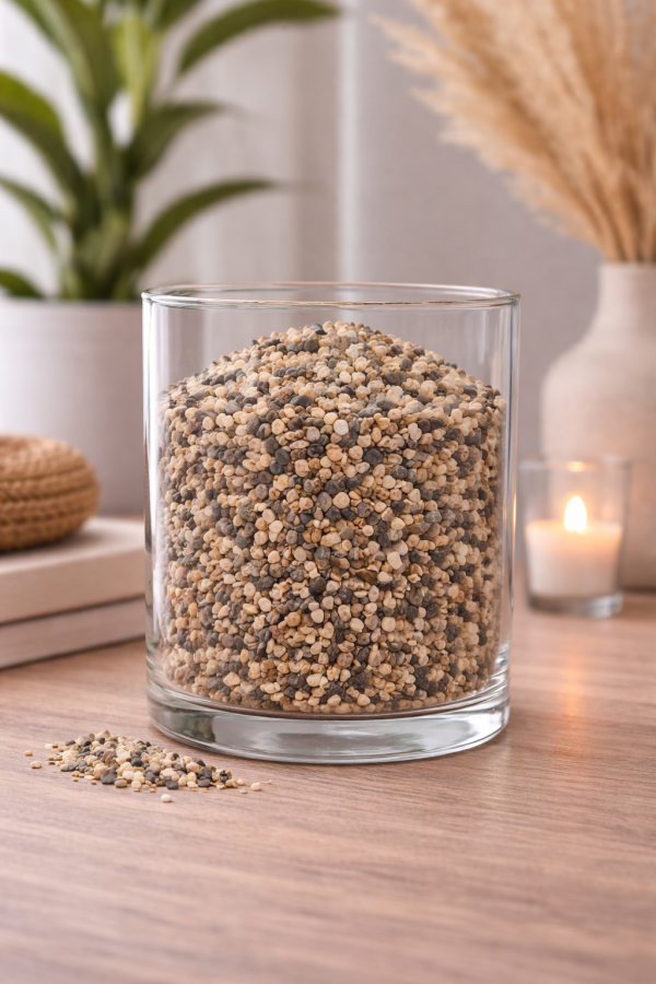 Clear glass vase with pea gravel