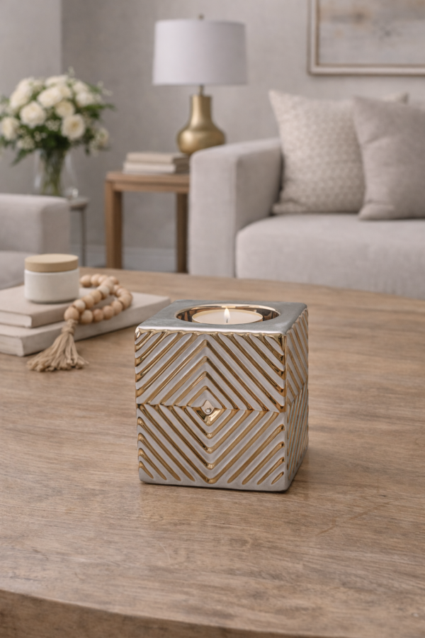 Geometric candle holder on wooden table