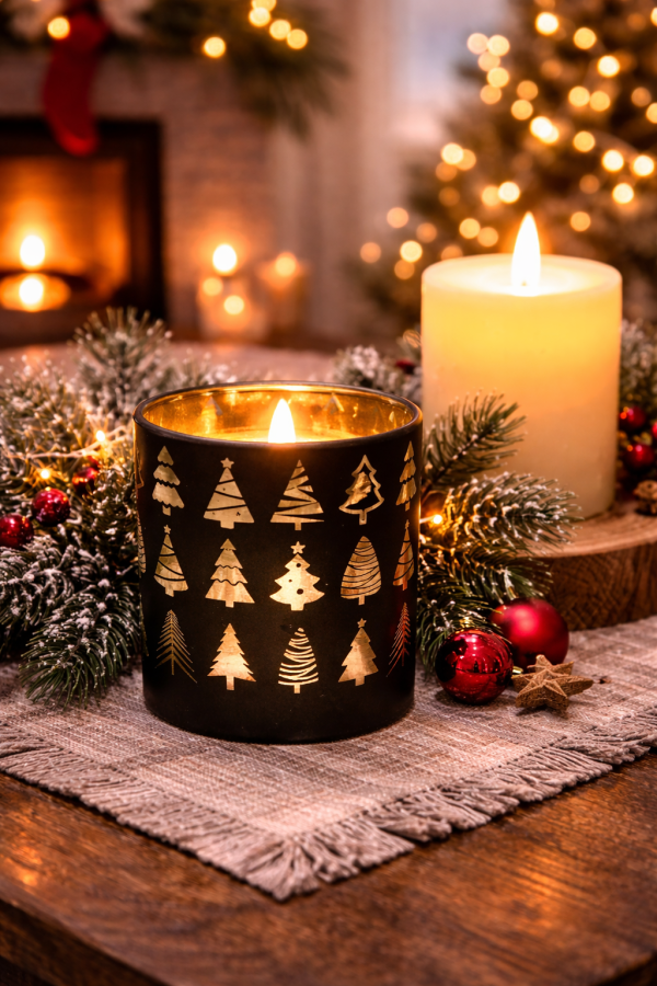 Festive holiday centerpiece with glowing candles