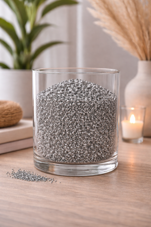 Glistening silver gravel in glass container
