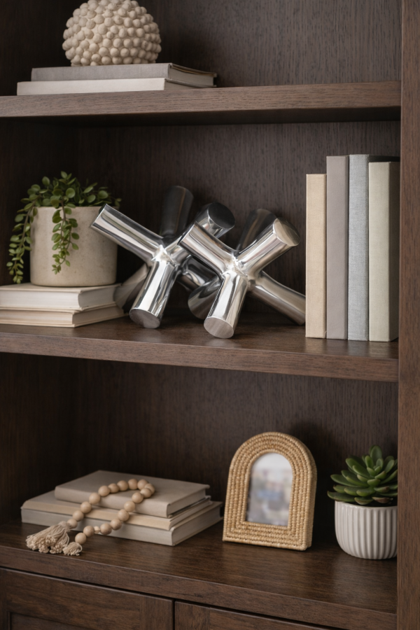 Sculptures and plants on a wooden shelf