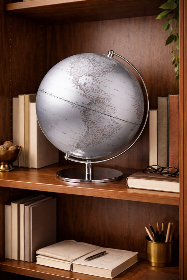 Globe and books on a bookshelf