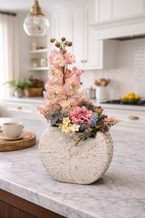 Florals on a marble kitchen island