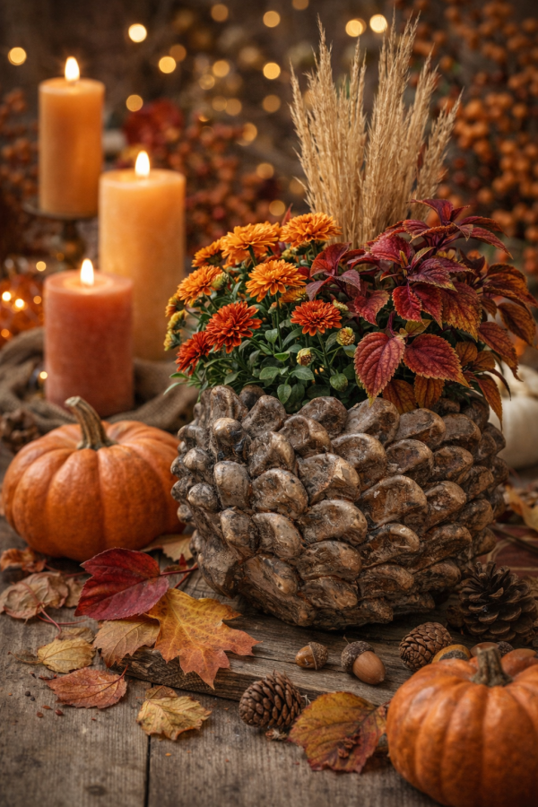 Arrangement automnal rustique avec courges