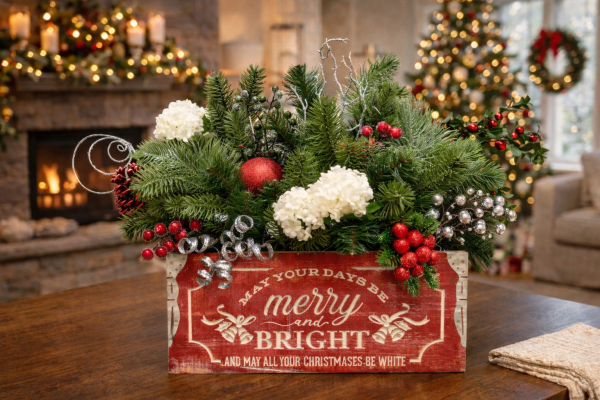 Festive Christmas centerpiece by the fire
