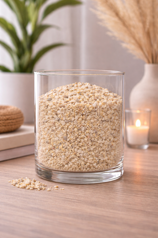Glass vase with pale pebbles
