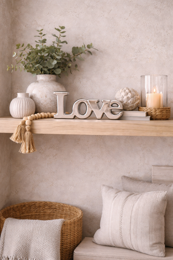 Decorative shelf with love and greenery