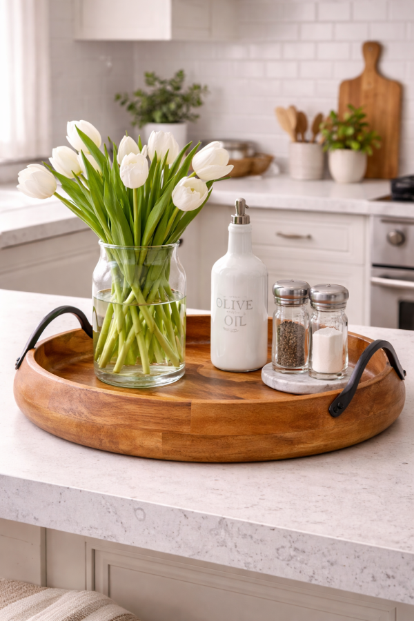 Tray with tulips and kitchen essentials