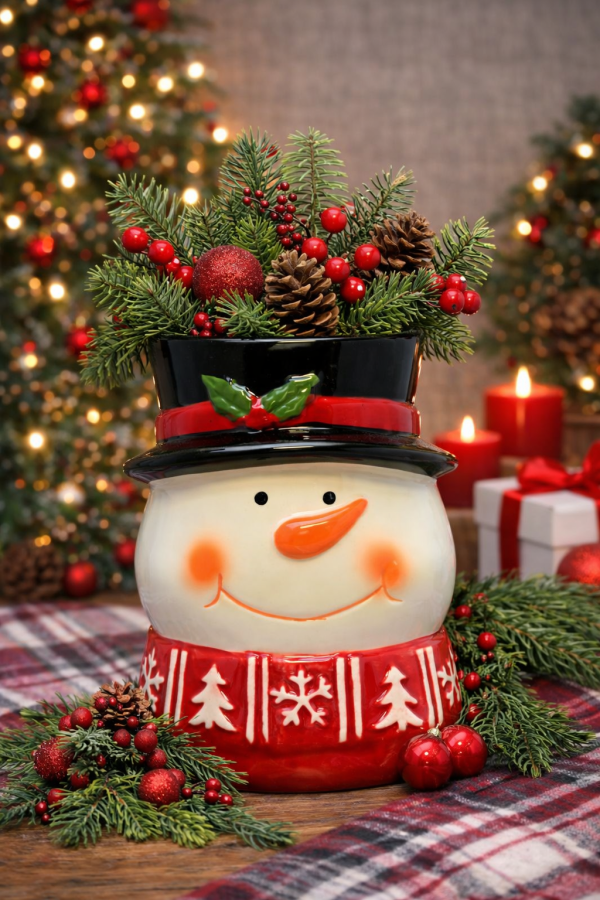 Festive snowman planter centerpiece