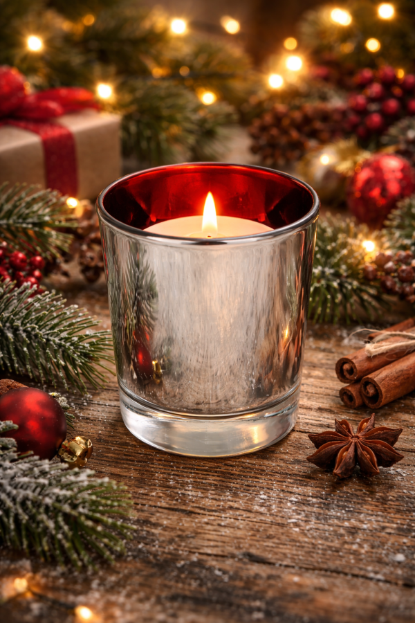 Festive candlelight on rustic wood